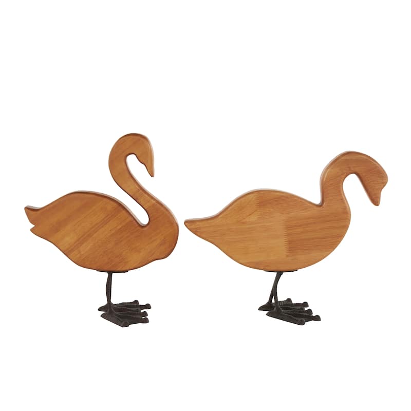 Brown Wood Abstract Minimalistic Duck Decorative Garden Sculpture with Black Metal Feet (Set of 2)