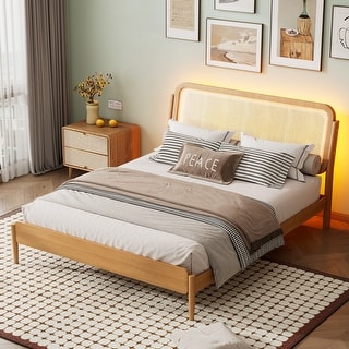 Queen Size Platform Bed with LED Headboard and Rattan Accent, Natural Wood
