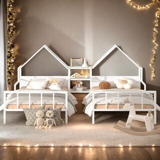 Twin Size Metal Double Platform Bed with House-shaped Headboard and a Built-in Nightstand For Bedroom