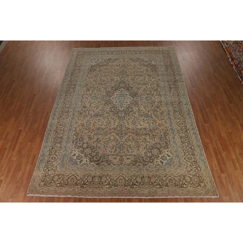 Traditional Mashad Persian Vintage Rug Bedroom Handmade Wool Carpet - 9'6" x 13'3"