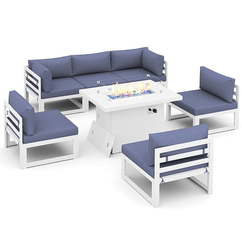 FINCATI 7 Piece Aluminum Outdoor Furniture Set with Propane/Natural Gas Fire Pit Table, 29" Wide Outdoor Sectional Sofa for 6