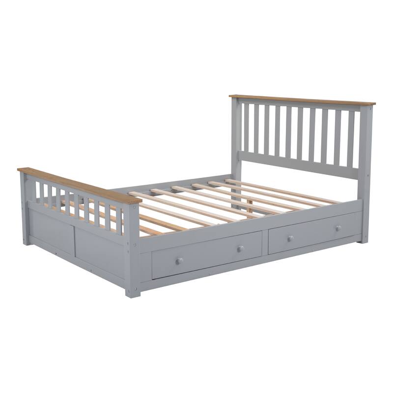 Queen Size Wood Platform Bed with Two Drawers and Wooden Slat Support