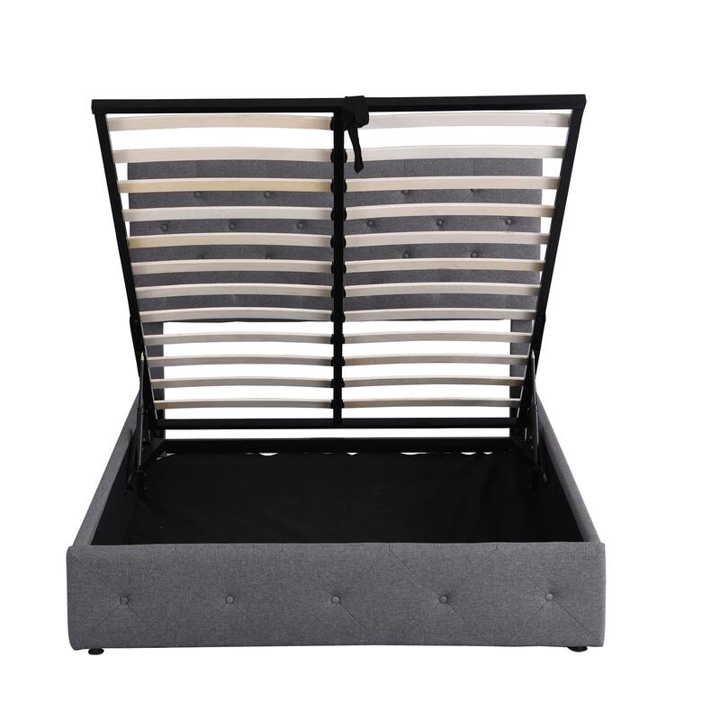 Full Upholstered Bed with Gas Lift up Storage, Wooden Platform Bed