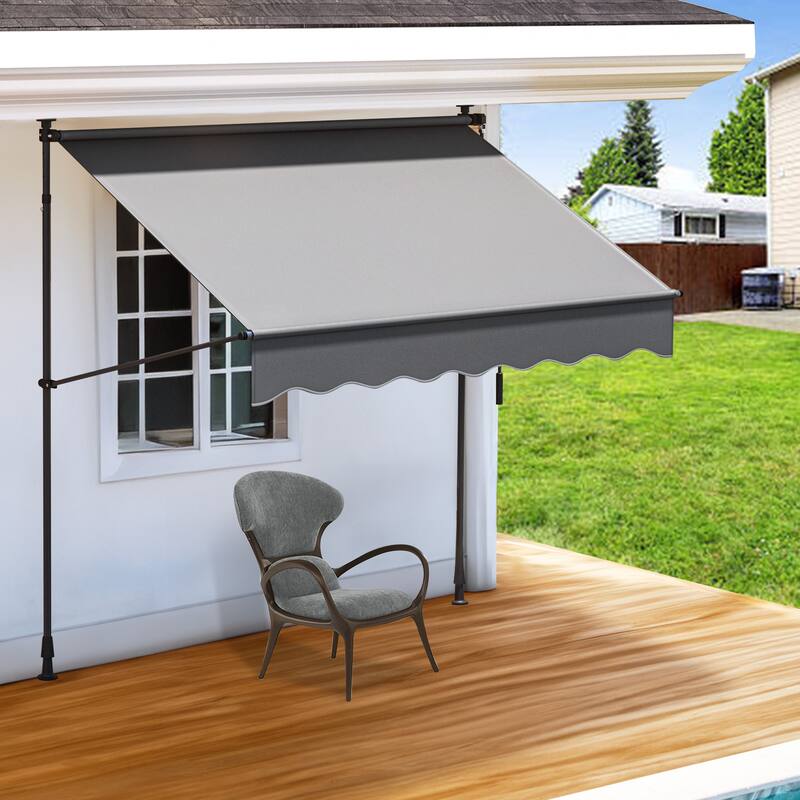 Mosis 13' x 4' Manual Retractable Awning, Non-Screw Freestanding Patio Sun Shade Shelter with Support Pole Stand - 6.6*3.9 Ft - Grey