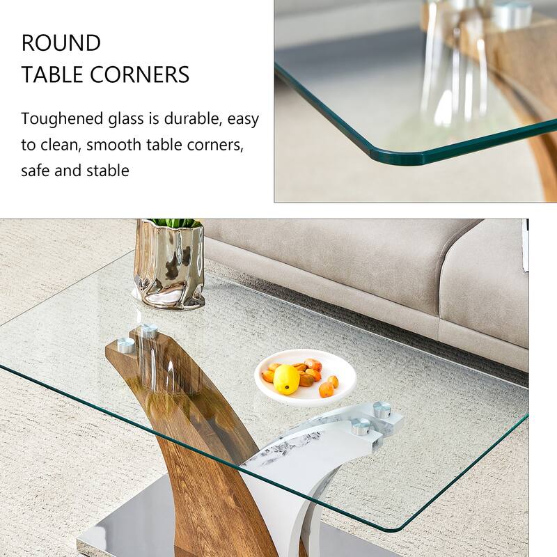 Roomfitters Glass Coffee Table with White and Wood MDF Legs, Rectangular Center Table for Dining or Living Spaces, White+Wood