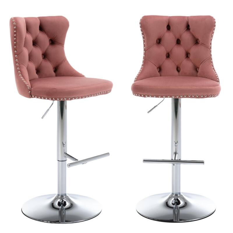 Velvet Upholstered Nailheads Tufted Swivel Bar Stools (Set of 2)