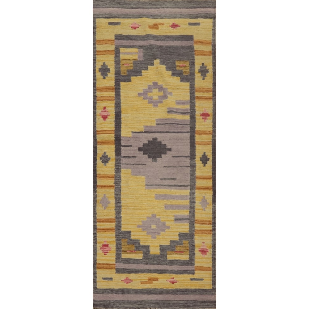 Hand Woven Oriental 100% Wool Carpet Southwestern Tribal Yellow & Gold Kilim Runner Rug - 5' 9'' X 2' 1''