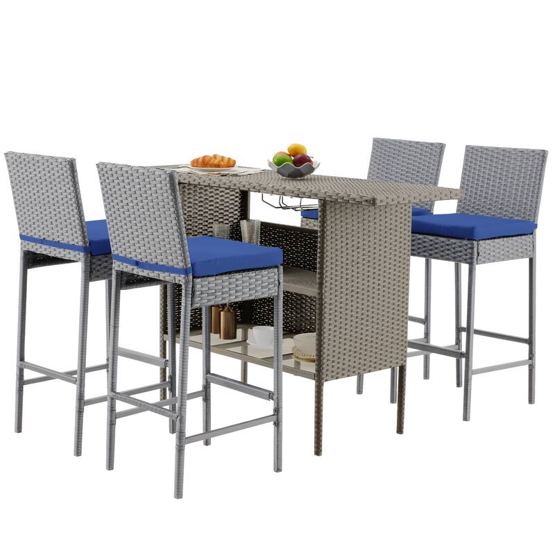 Outdoor Bar Set, Rattan Patio Bar Table & Bar Stools with Cushions, All-Weather 3/5-Piece Bar Height Table Set for Poolside