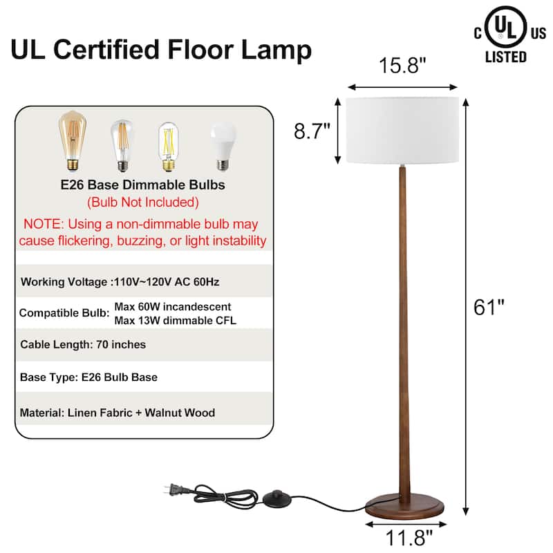 61" Walnut Wood Floor Lamp with Linen Drum Shade, Standing Lamp with Foot Step ON/OFF Switch (Bulb Not Included)