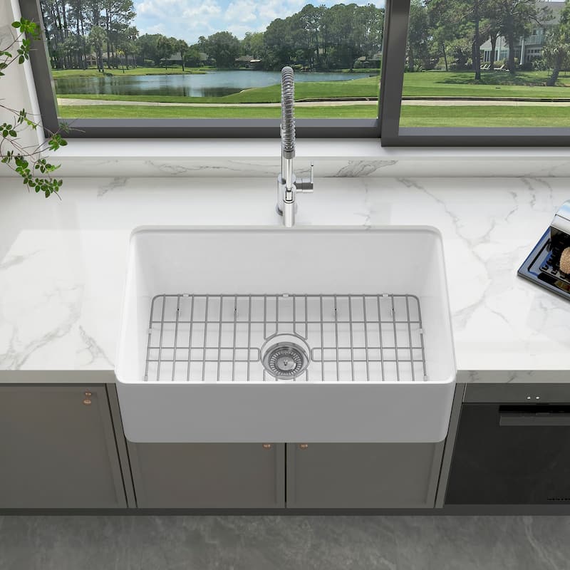 Sinber Farmhouse Apron Single Bowl Kitchen Sink with Fireclay White Finish - 30" x 18" x 10" - White