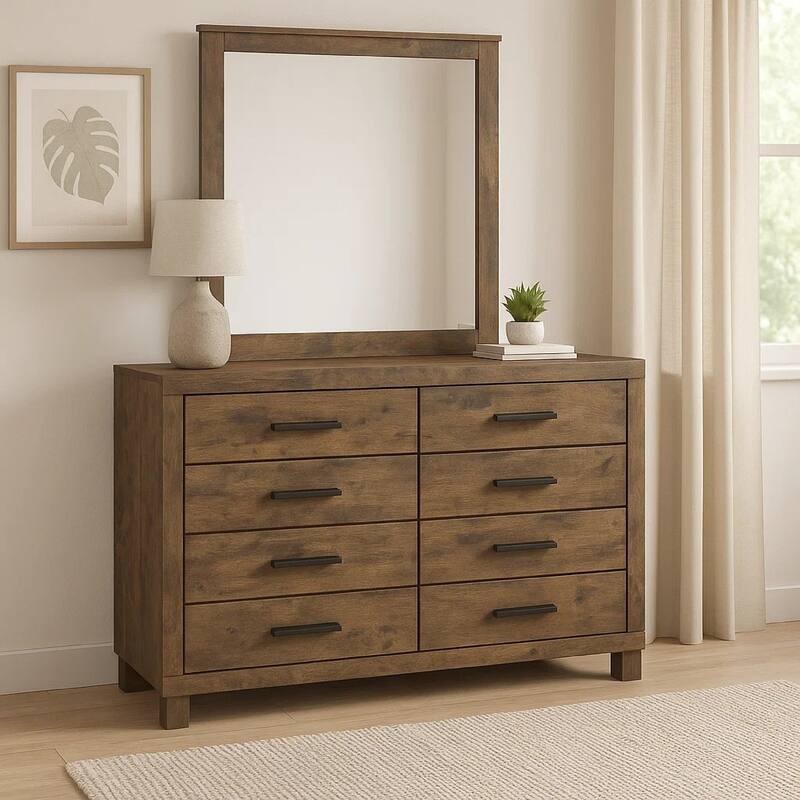 Frio 2pc Wide Dresser and Mirror Set, 8 Drawers, Golden Brown Wood