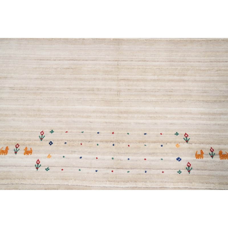 Hand Knotted Oriental Viscose Silk Carpet Tribal Animal Pictorial Beige & Ivories Gabbeh Area Rug - 9' 9'' X 9' 11''