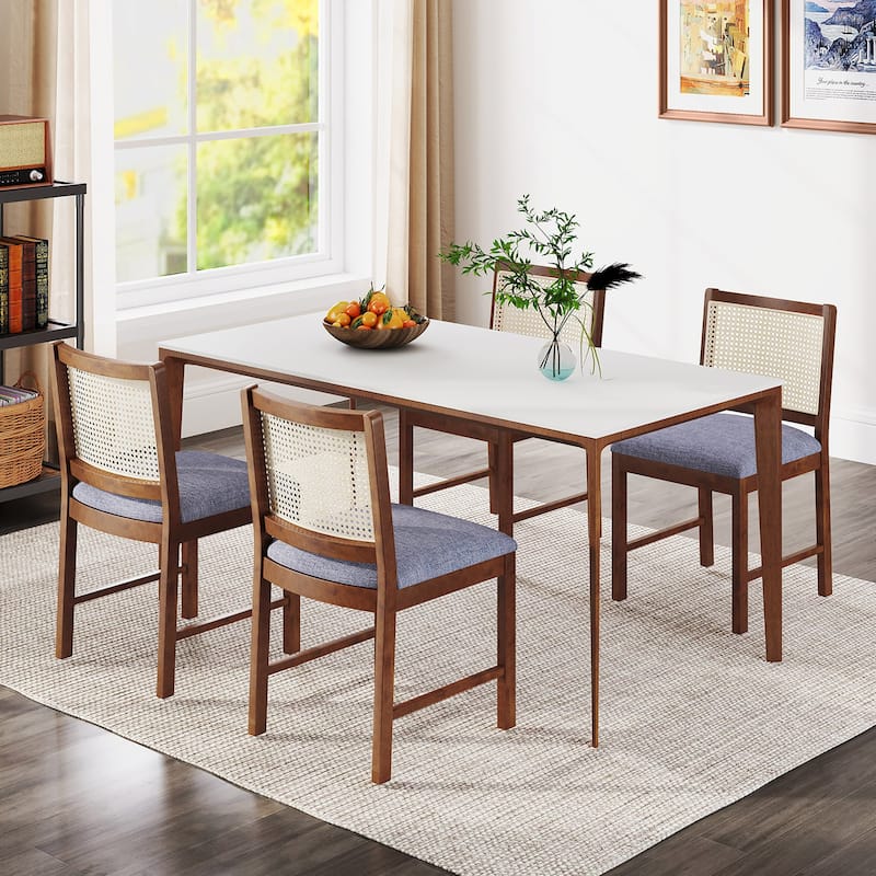 Gymax Rattan Dining Chair Set of 2 w/ Rubber Wood Frame Linen Fabric