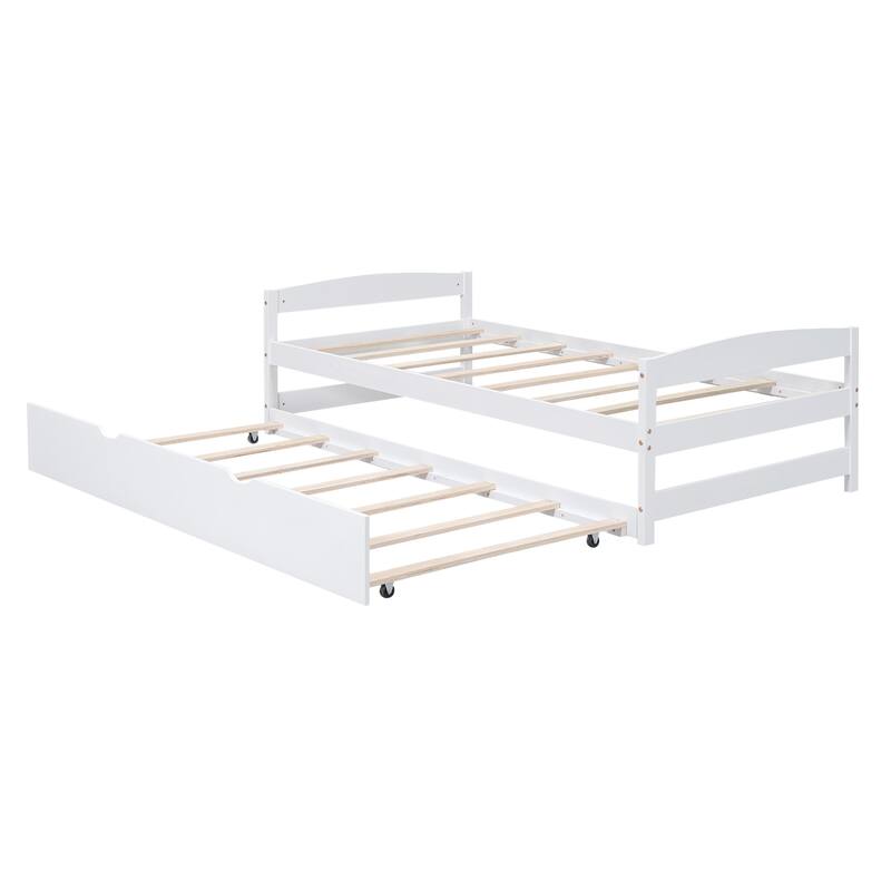 Twin Platform Bed with Pull-Out Trundle, Sturdy Wood Frame, Ideal for Small Spaces