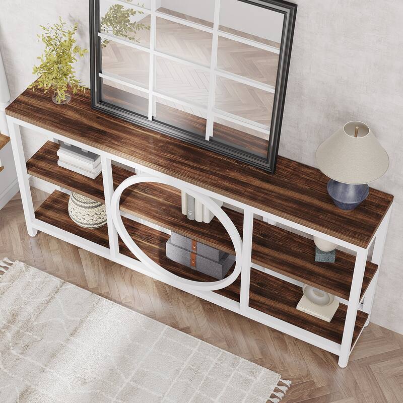 Extra Long Console Table, 70.9 inch Narrow Sofa Tables with 3 Tier Wood Storage Shelves, Rustic Brown Black - 11.75" * 70.9"