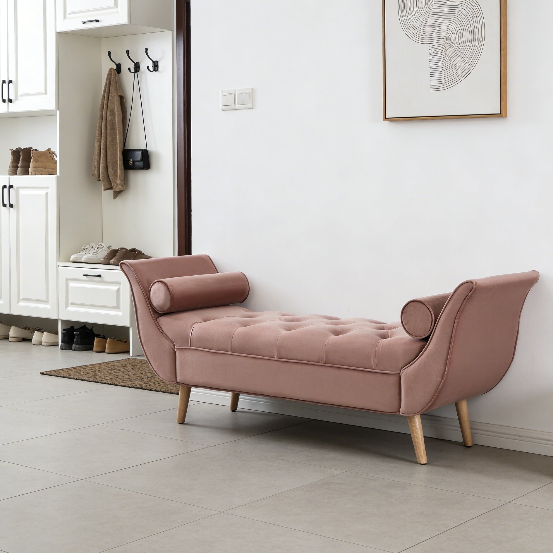 Modern Style Bench with 2 Pillows, Rolled Arms And Solid Wood Legs, for Entryway, Bedroom,Dining Room