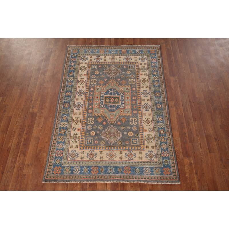 Geometric Kazak Accent Rug Hand-Knotted Wool Carpet - 3'11" x 5'9"