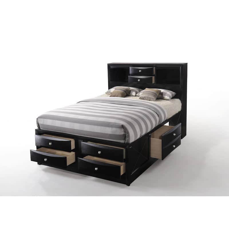 Queen Storage Bed with 8 Drawers, Bookcase Headboard & Platform Base, No Box Spring Needed - Black