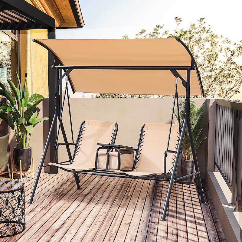2-Seat Patio Swing Chair Outdoor Canopy Swing Glider with Pivot Storage Table