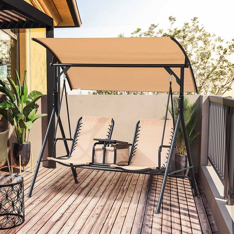 Patio Swing Hanging Chairs with Adjustable Sunshade, Storage Bag, Tabletop Cup Holder, 2-Seat Swing Lounge Rocking Chair - Beige