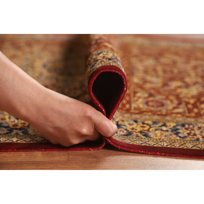 Hand Knotted Oriental Silk Carpet Traditional Floral Red Qum Area Rug - 4' 10'' X 3' 3''