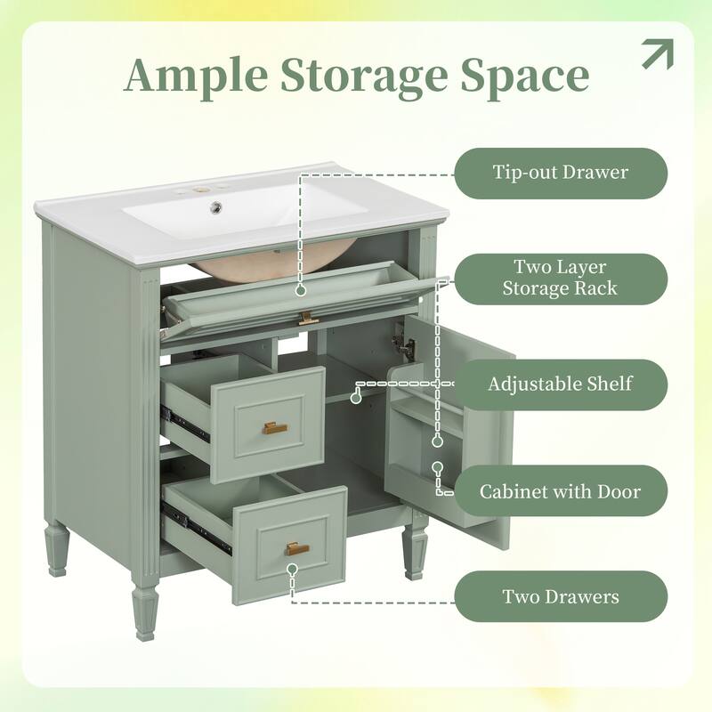 Roomfitters 30" Bathroom Vanity with Ceramic Sink, Solid Wood Frame with Flip Drawer, 2 Side Drawers & Adjustable Shelf
