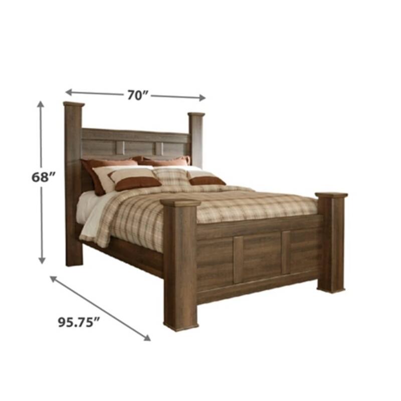 Joi Queen Size Poster Bed, Plank Design, Aged Oak Brown Rough Sawn