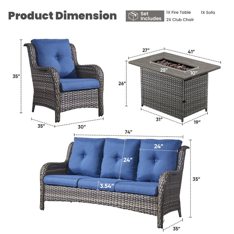 Gymojoy 4-Piece Outdoor Wicker Patio Furniture with Fire Pit Table, Rattan Coversation Set with Water Resistant Thick Cushions