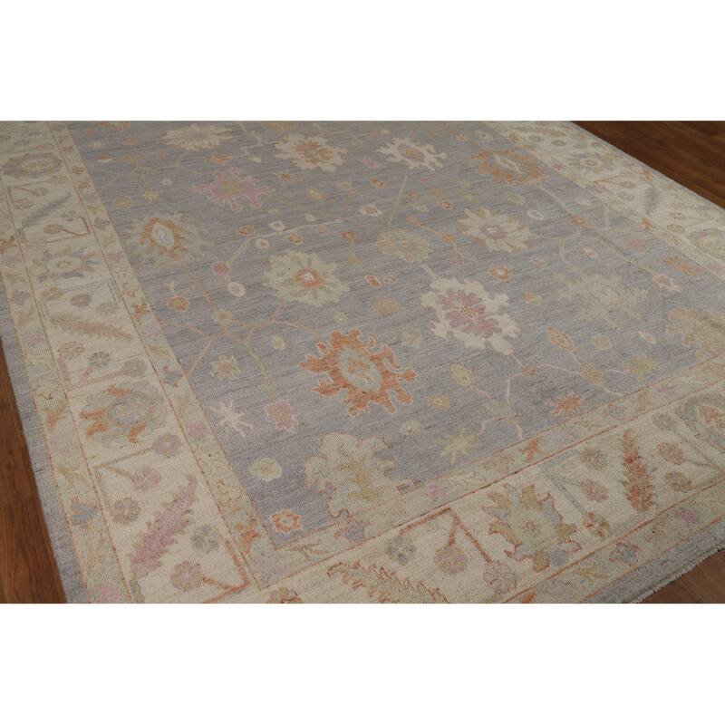 Vegetable Dye Oushak Turkish Area Rug Handmade Blue Floral Wool Carpet - 7'11" x 10'0"