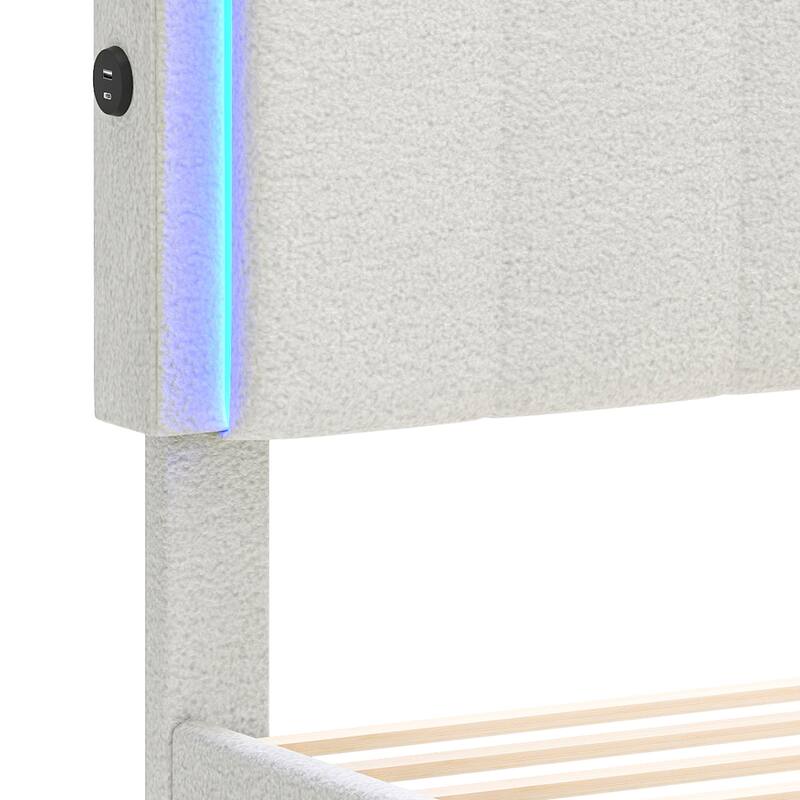 Adjustable Headboard Lamb Wool Bed Frame with Drawer and Charging Station & LED Lights