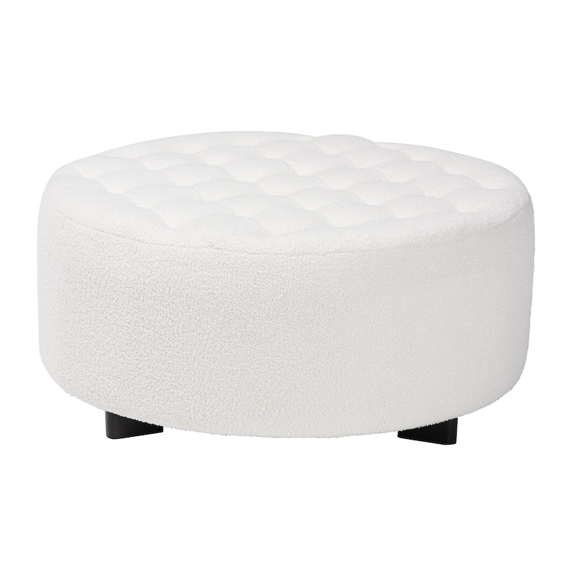 Athena Modern and Contemporary Ivory Boucle Upholstered and Black Finished Wood Round Ottoman - Ivory