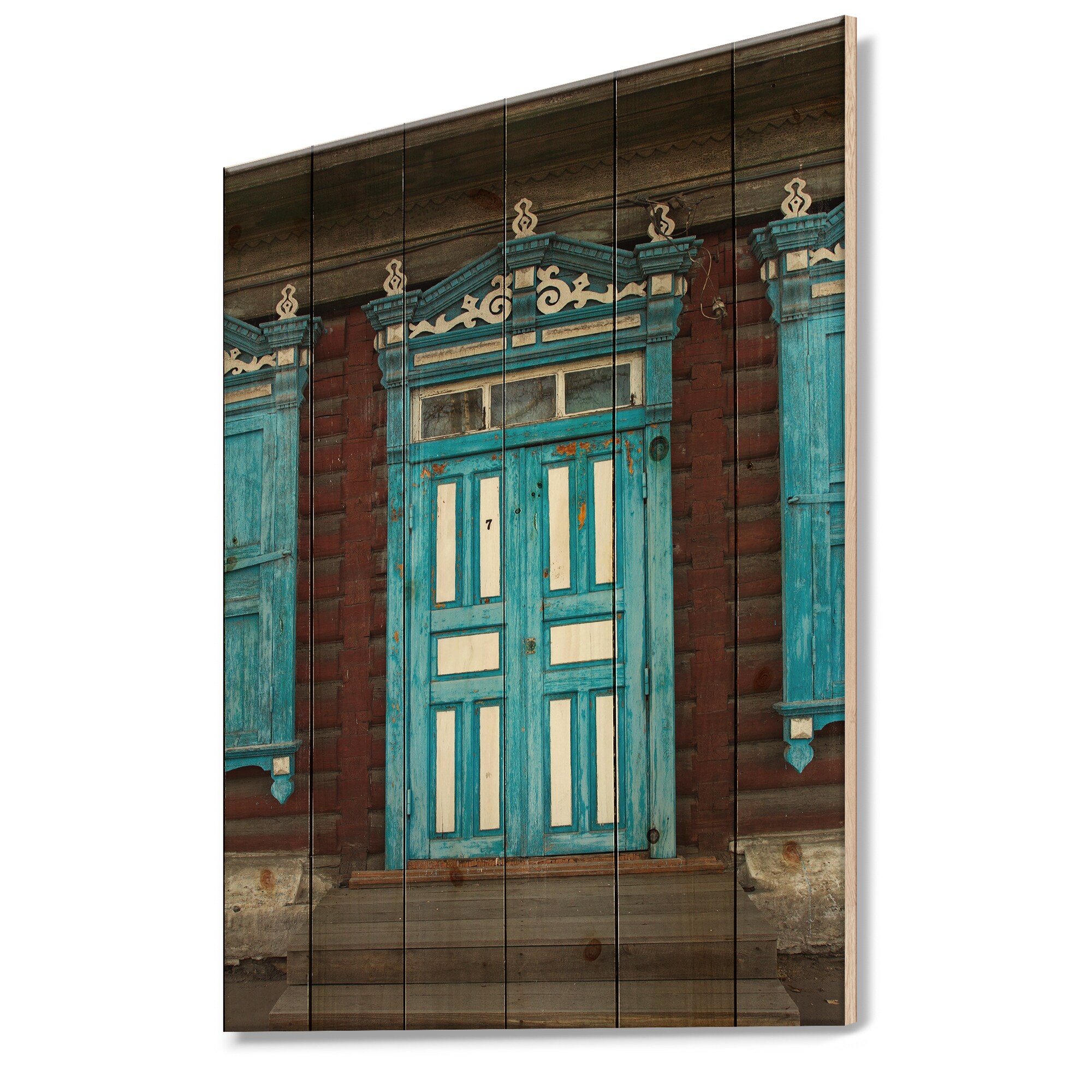 Shop Designart Wood Carvings On Wooden House Door Vintage Print On Natural Pine Wood Blue Overstock 26064083