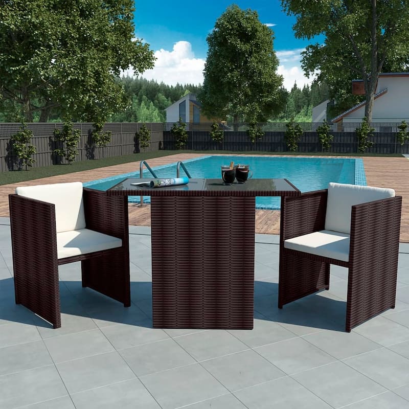 vidaXL Patio Bistro Set 3 Piece Garden Wicker Chair with Cushions Poly Rattan - Brown