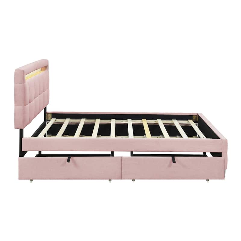 Queen Size Upholstered Platform Bed w/ LED Frame, Twin XL Size Trundle