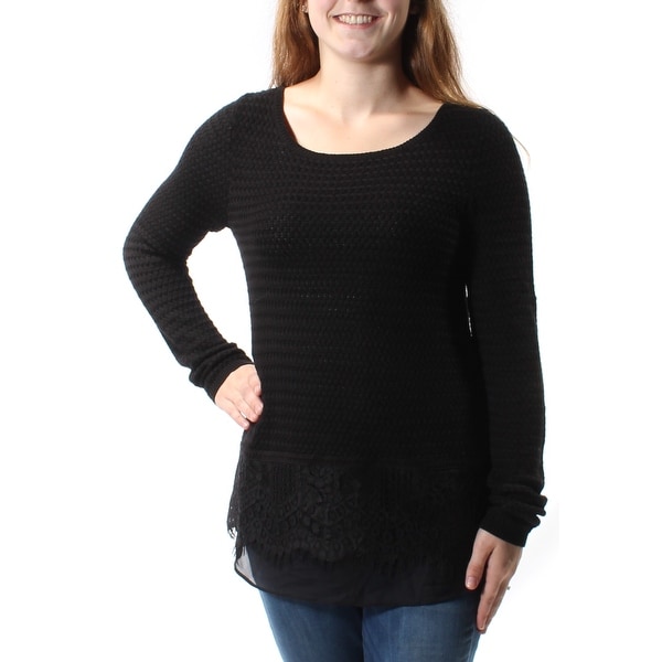 LUCKY BRAND Womens Black Embellished Frayed Long Sleeve Jewel Neck Sweater Size: M
