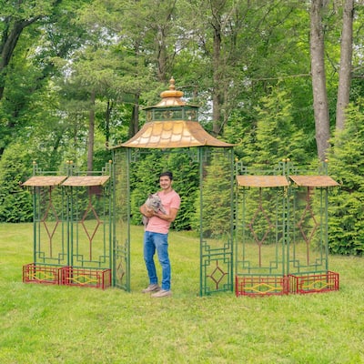 16 Foot Long Pagoda Style Iron Garden Gate with Planters