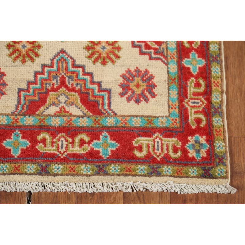 Geometric Kazak Accent Rug Hand-Knotted Beige Wool Carpet - 2'1"x 2'10"