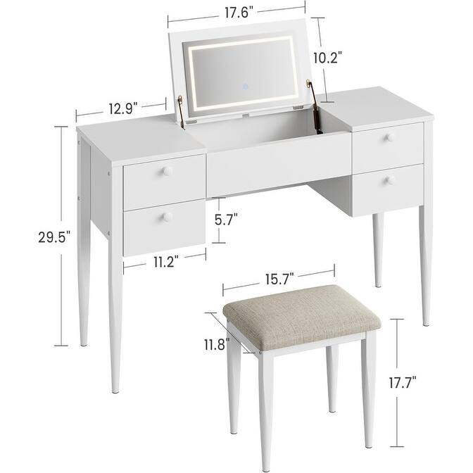 3-in-1 Vanity Desk with Flip Top LED Mirror, 5 Drawers, and Cushioned Stool