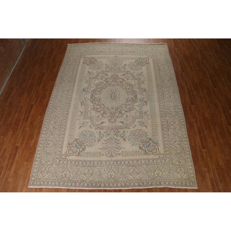 Hand Knotted Oriental 100% Wool Carpet Traditional Floral Beige & Ivories Tabriz Area Rug - 12' 9'' X 9' 7''