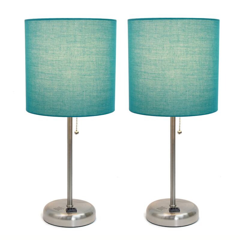 19.5 in. Brushed Steel Finish Table Lamp with Blue Shade, Durable Stick Lamp for End/Side Tables, Set of 2