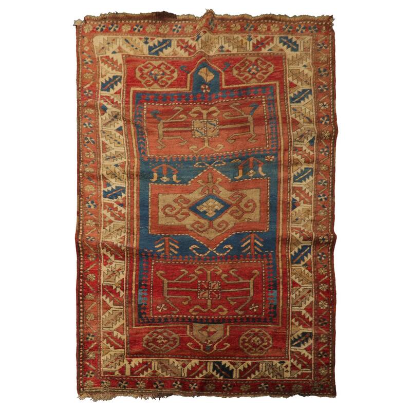 Antique Kazak Traditional Geometric 4'2''x6'2'' Hand Knotted Wool Rose Rug - 4' 2'' x 6' 2'' - 4' 2'' x 6' 2''