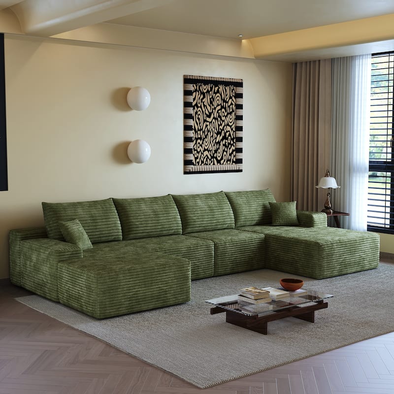 U Shaped Cloud Sectional Sofa with Chaise Lounge & Ottoman, Corduroy Upholstered 5 Seat Sofa, Modular Deep Seat Corner Sofa