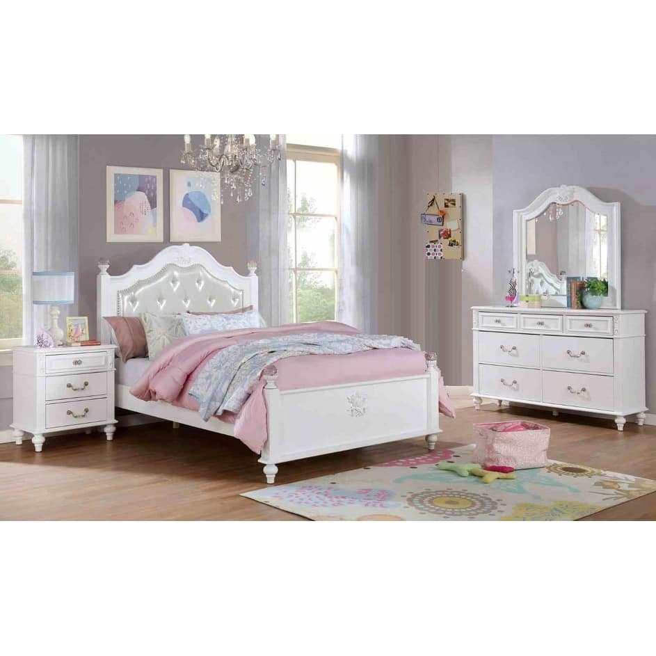 Traditional White Finish 4-PC Bedroom Set Tufted Bed Dresser Mirror Nightstand
