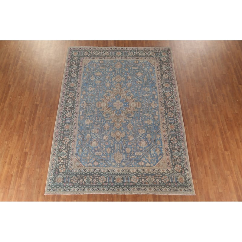 Over Dyed Blue Tabriz Persian Vintage Rug Hand-Knotted Wool Carpet - 8'0"x 10'11"