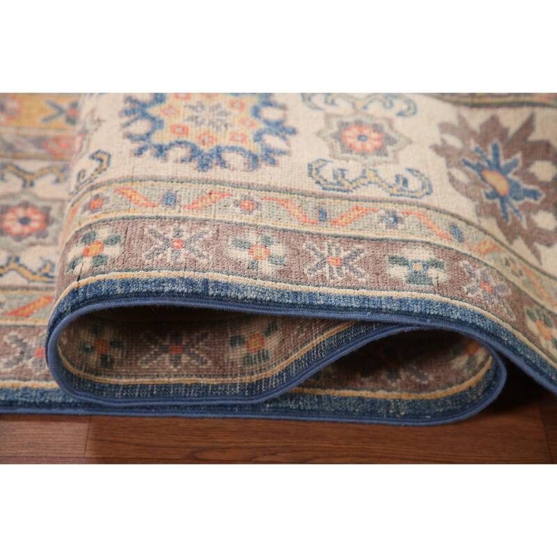 Geometric Blue Kazak Living Room Area Rug Hand-Knotted Wool Carpet - 6'8" x 9'9"