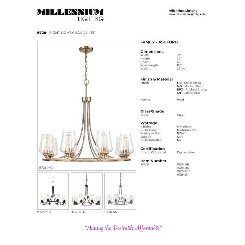 Millennium Lighting Ashford 8 Light Chandelier in Multiple Finishes with Clear Glass Shades