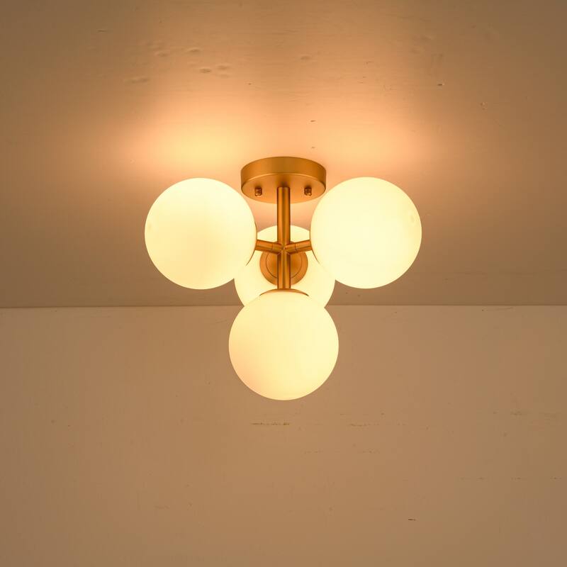 4-Light Mid-Century Modern Sputnik Brushed Gold/Matte Black Finish Semi-Flush Mount Ceiling Light with Opal Glass Globes