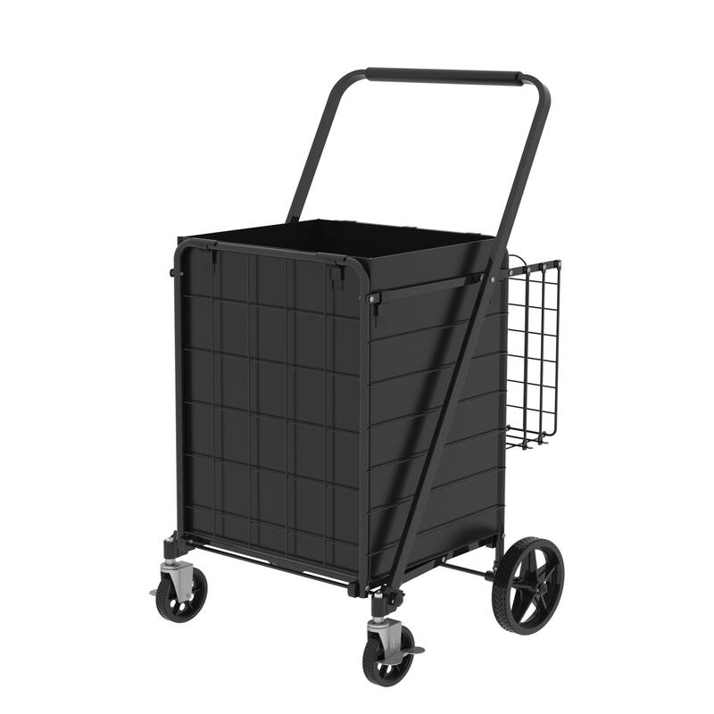 Foldable Grocery Shopping Cart w/ Brake & Double Basket and 360 Rolling Swivel Wheels