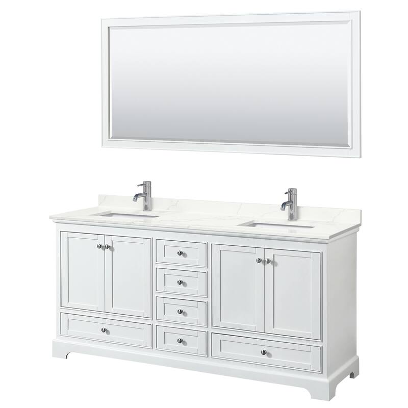 Deborah 72-inch Double Vanity, Quartz Top, 70-inch Mirror - White, Chrome Trim, Giotto Quartz Top