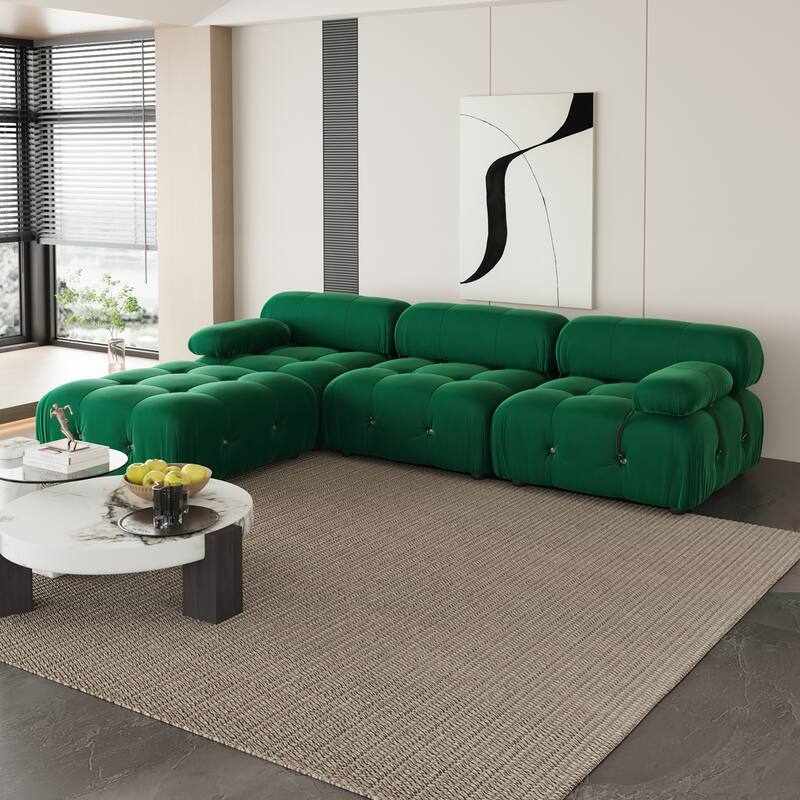 L-Shaped Velvet Sectional Sofa with Ottoman - Green(3seats+1ottoman)
